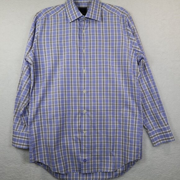 ♥️ 2+, David Donahue Men's 100% Cotton Blue Brown Check Dress Shirt 16 32/33 - Picture 2 of 7